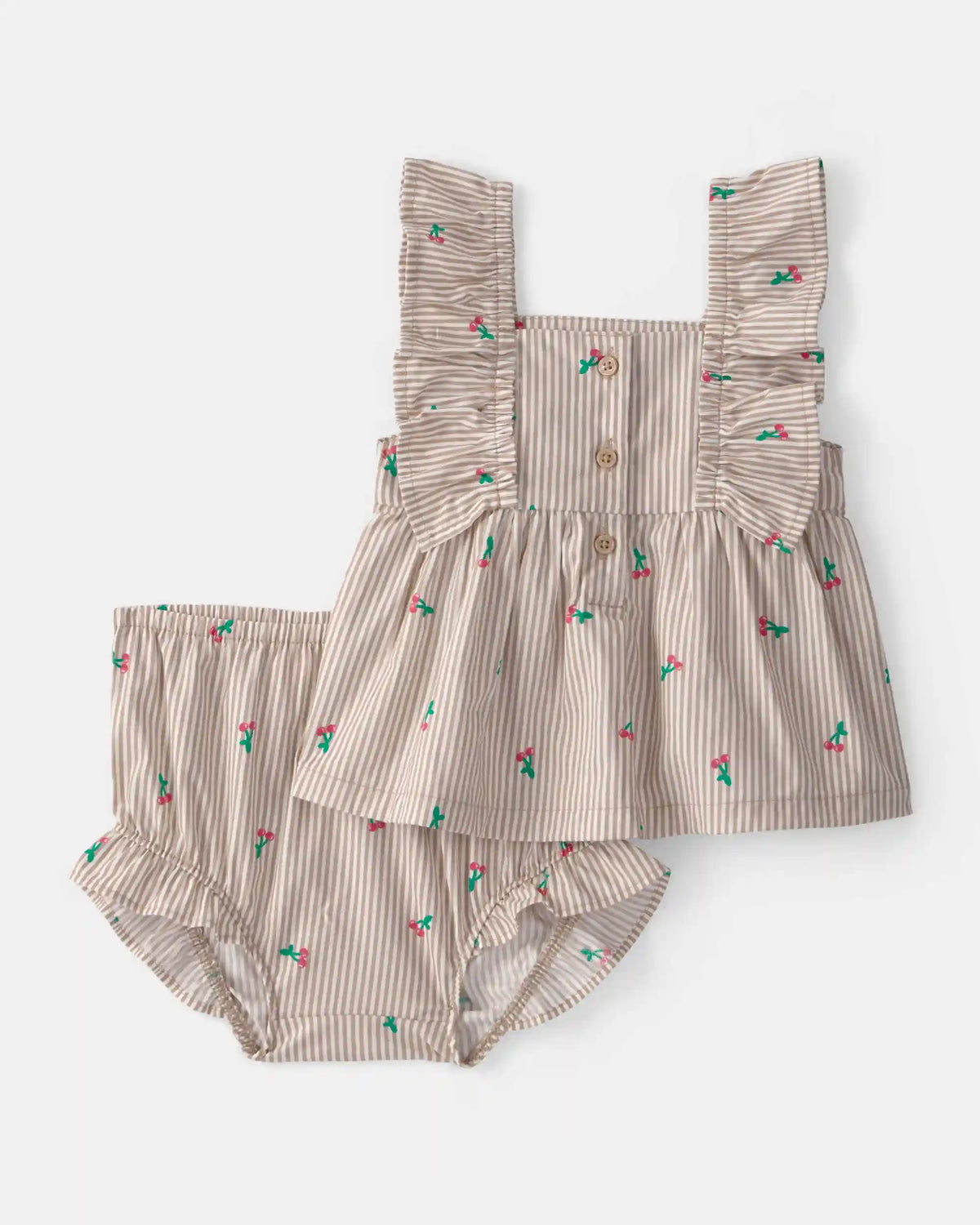 Baby Girl 3-Piece Cherry Striped Outfit Set - Beige/White