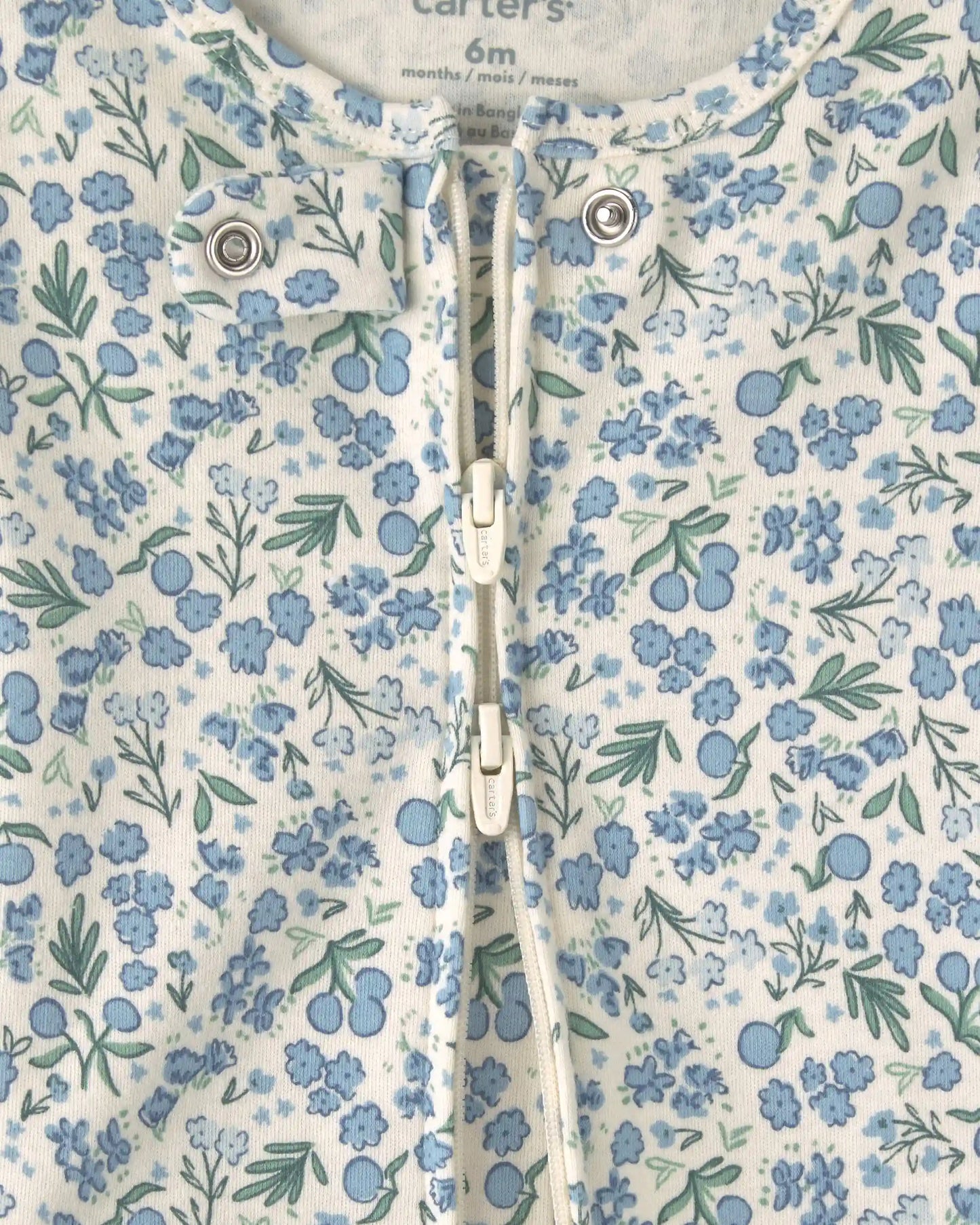 Baby Girl Floral 100% Cotton 2-Way Zip Sleep & Play Pajamas - Blue/Ivory