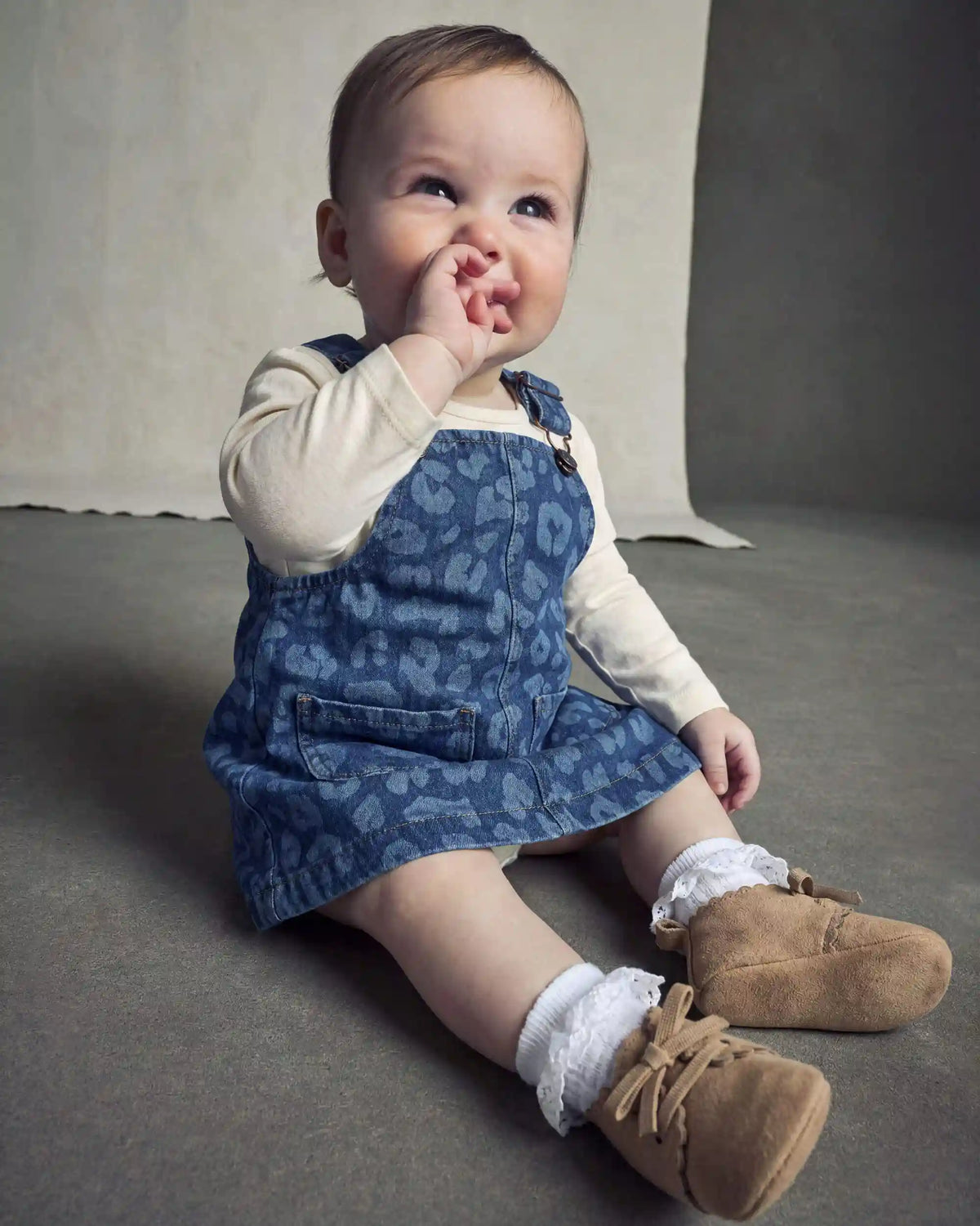 Baby Girl 2-Piece Leopard Denim Long-Sleeve Overall Set - Dark Wash