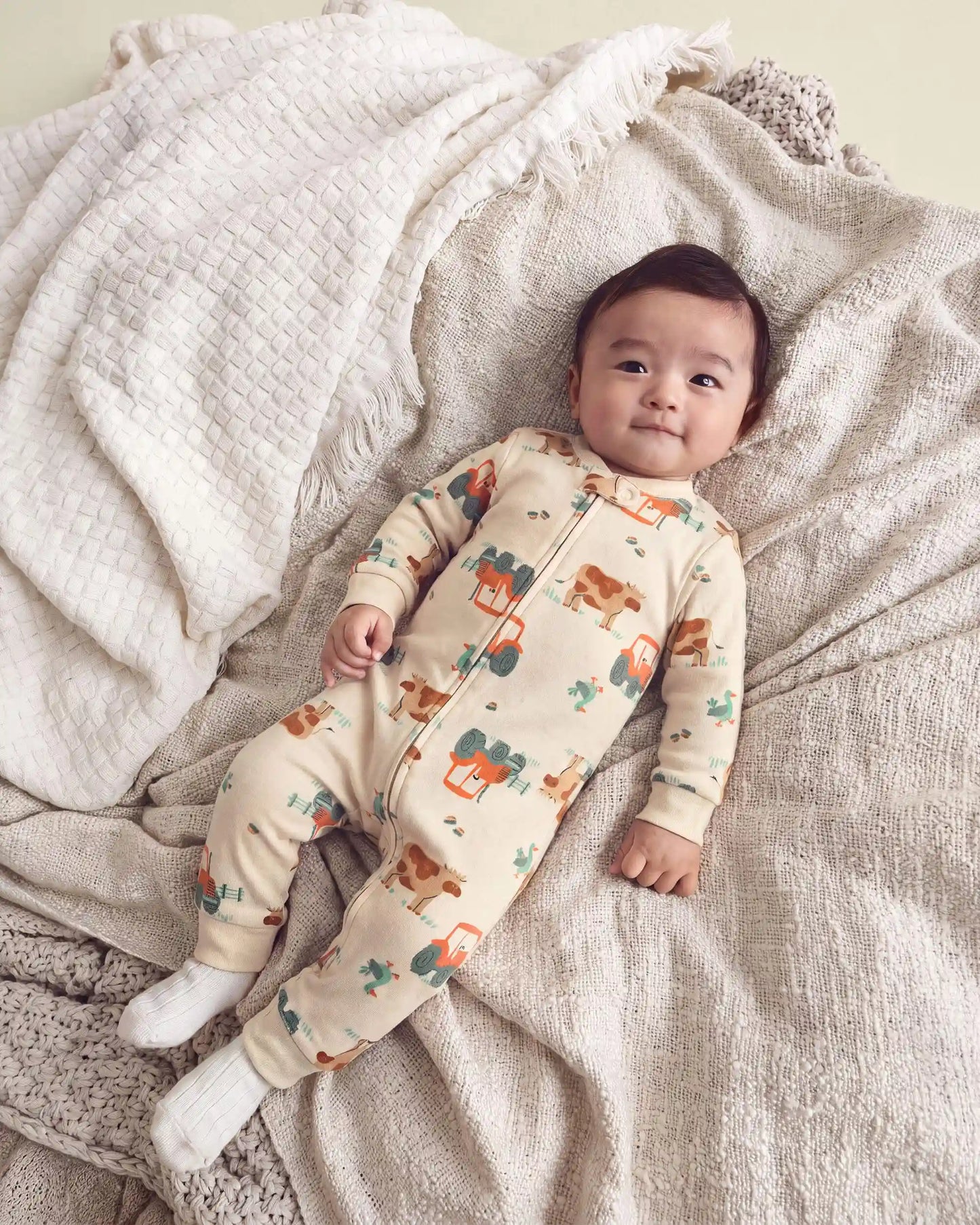 Baby Boy 1-Piece Farm 2-Way Zip 100% Cotton Snug Fit Pajama - Cream