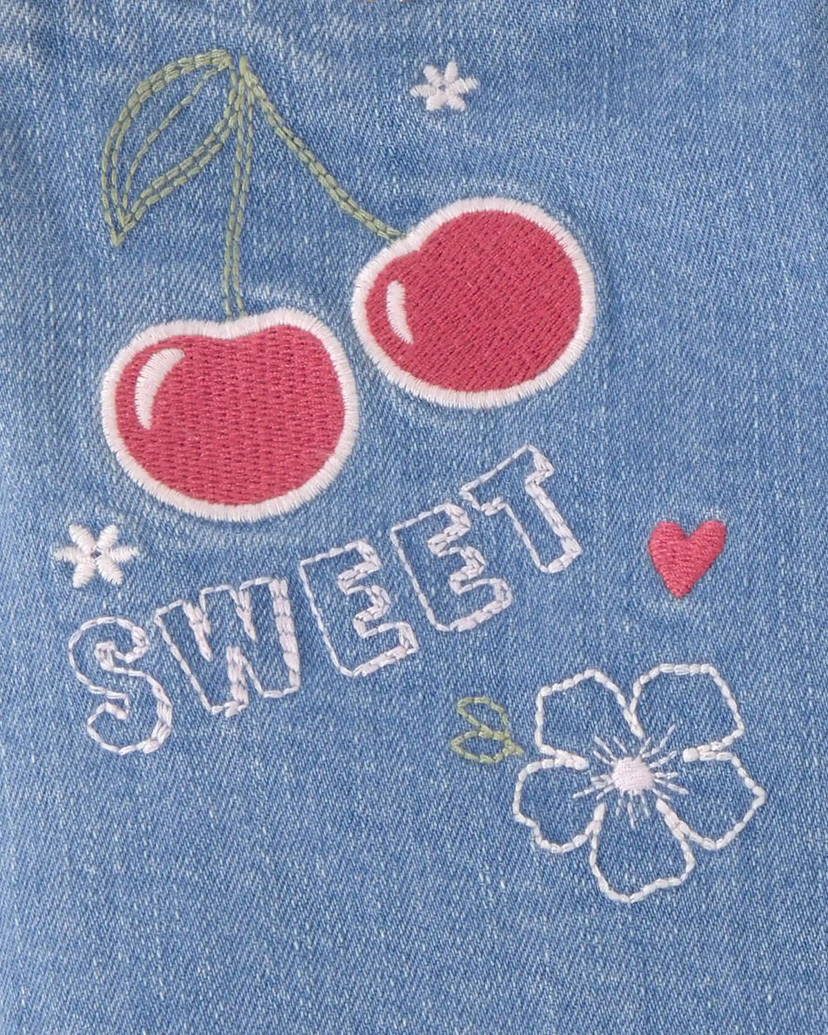 Girls Cherry Denim Embroidered Midi Shorts - Medium Wash