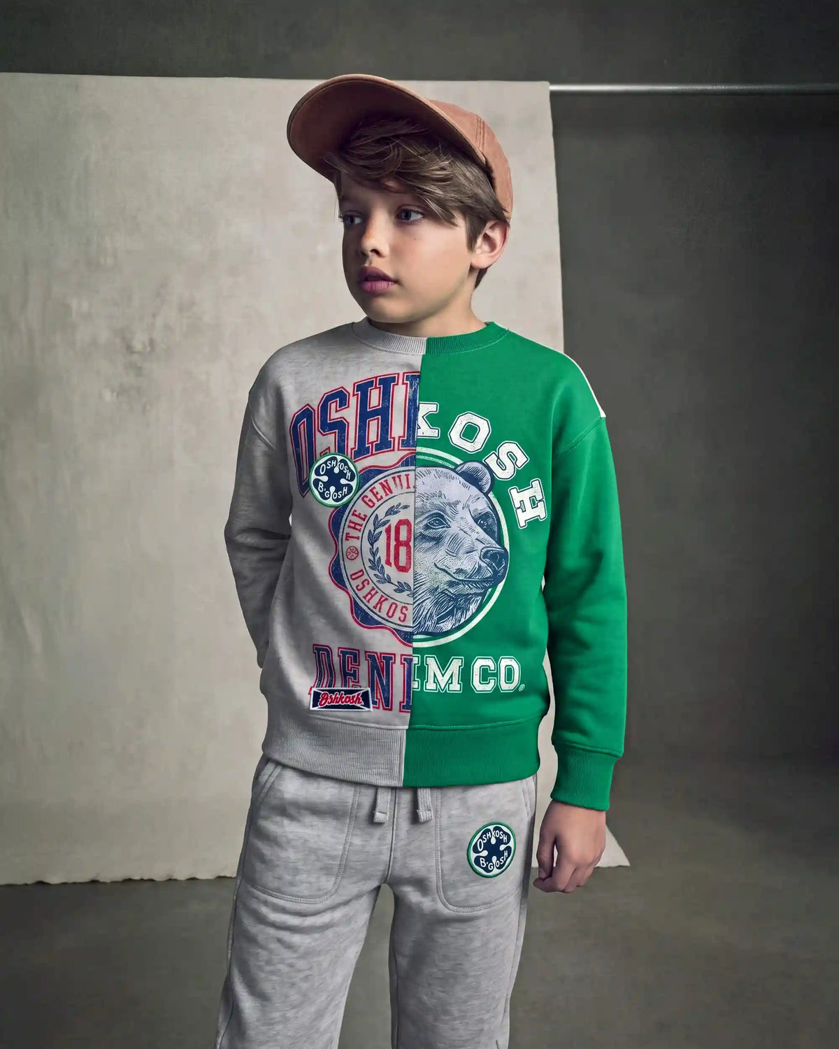 Boys 'Oshkosh Denim Co' French Terry Pullover Sweatshirt - Grey/Green