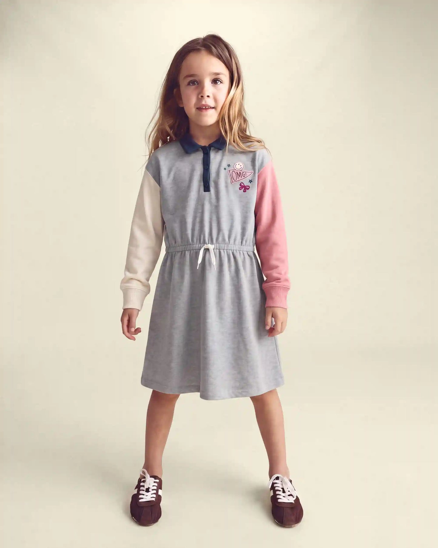 Girls Varsity Color Block French Terry Dress - Grey/Pink/Navy