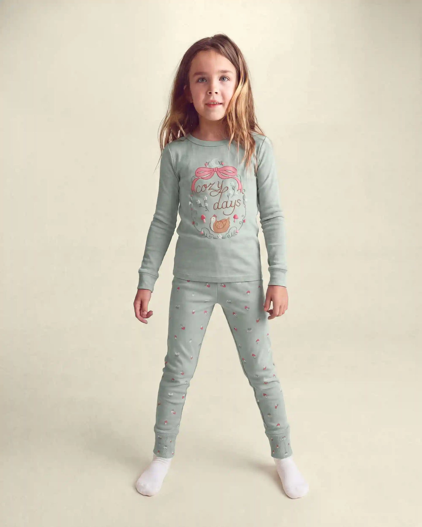 Girls 4-Piece Country Chicken 100% Cotton Snug Fit Pajama Set - Blue/Cream