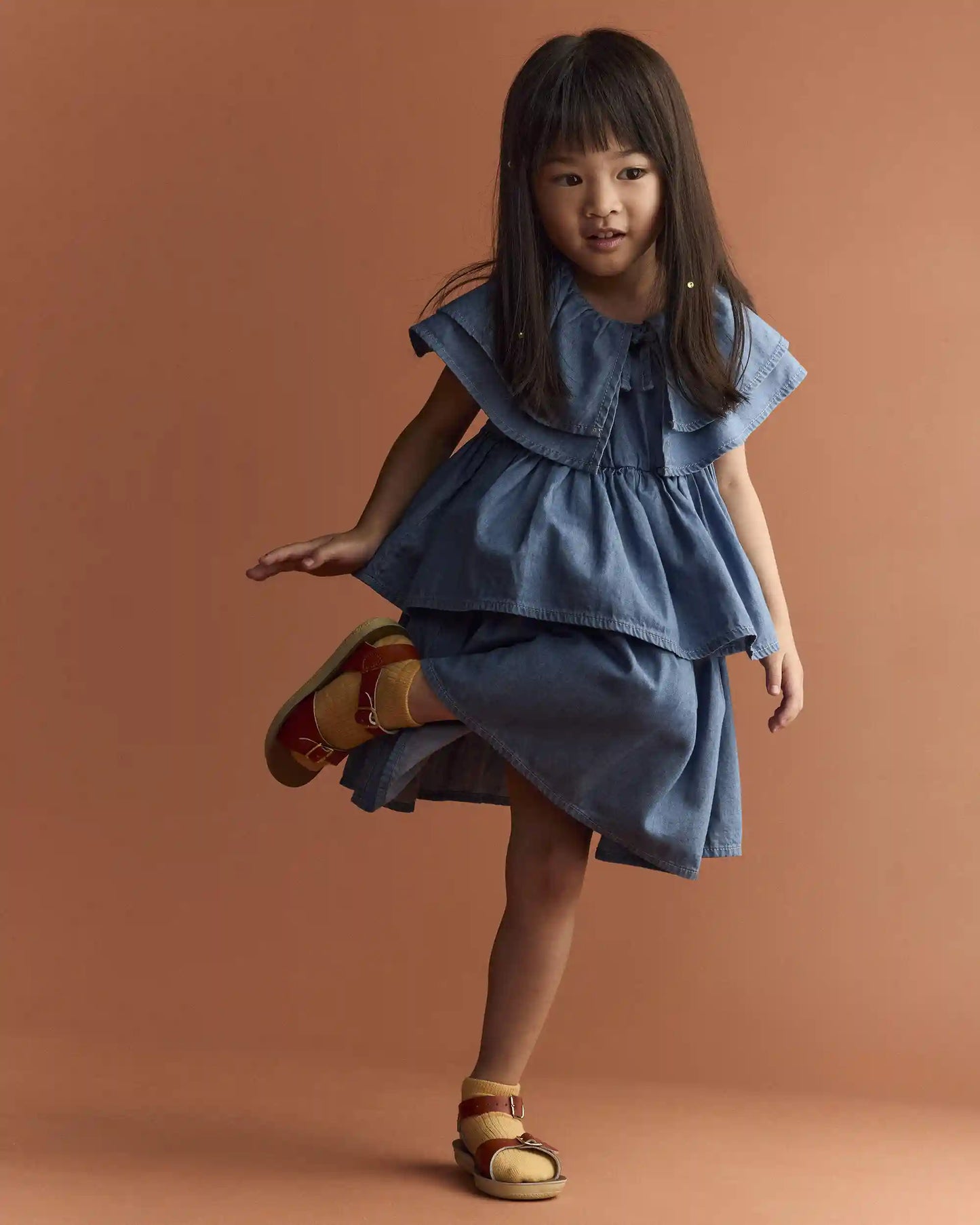 Toddler Girl Ruffle Tiered Dress in Chambray - Blue