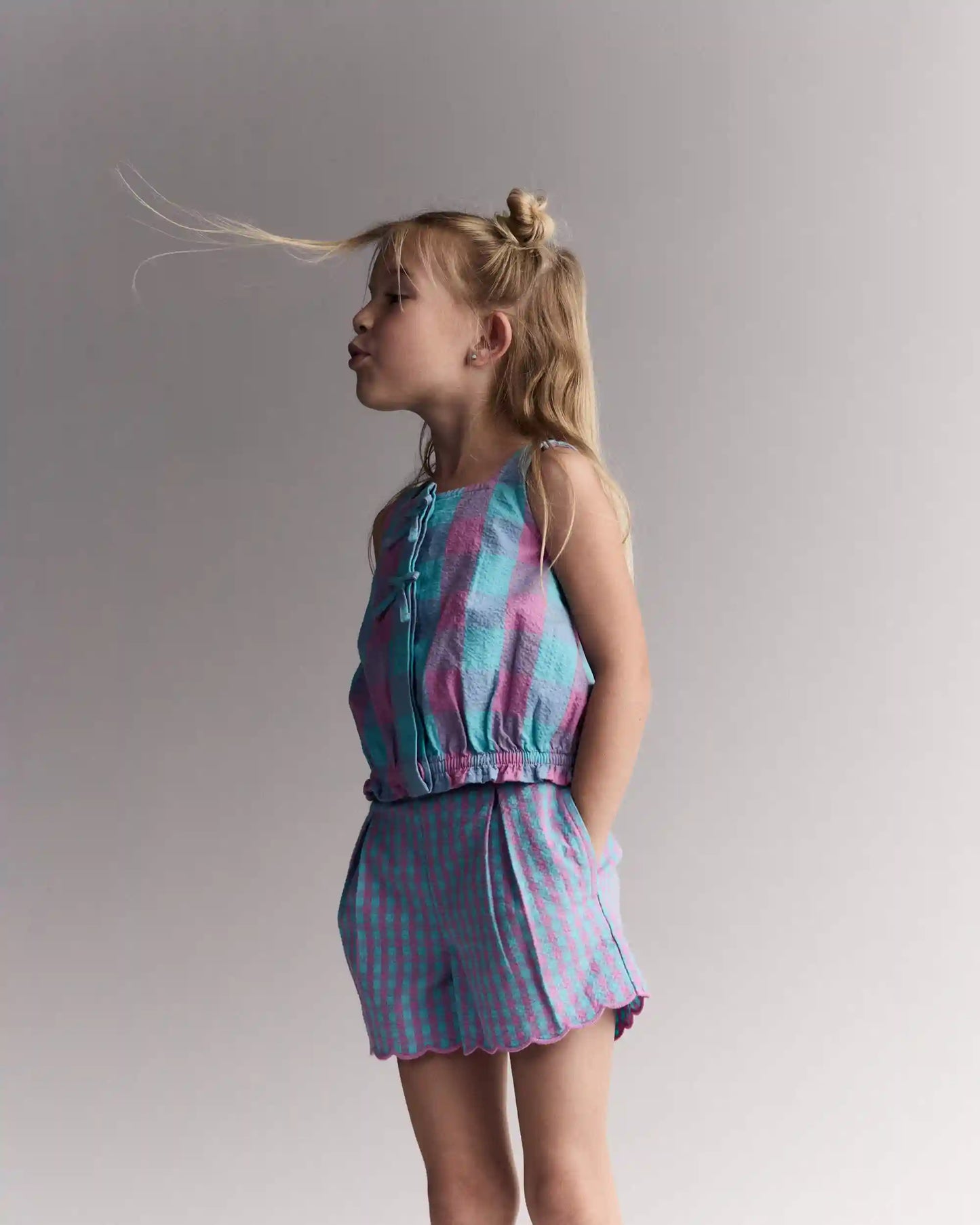 Toddler Girl Gingham Peplum Top with Bows - Purple/Blue