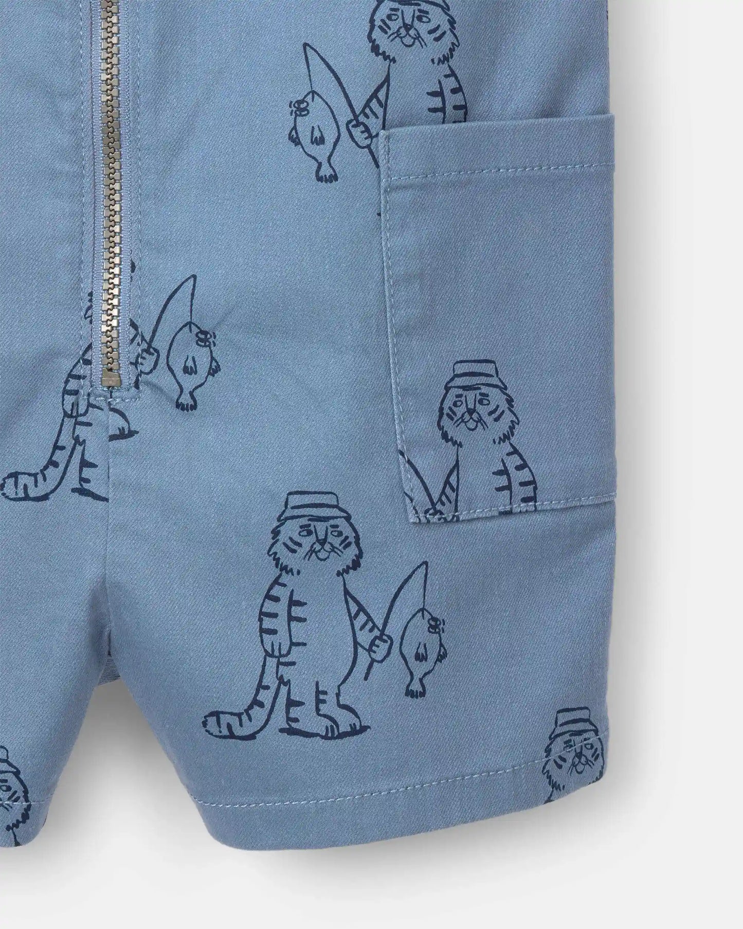 Toddler Romper with Otter Pockets in Fishing Tiger Print - Slate Blue