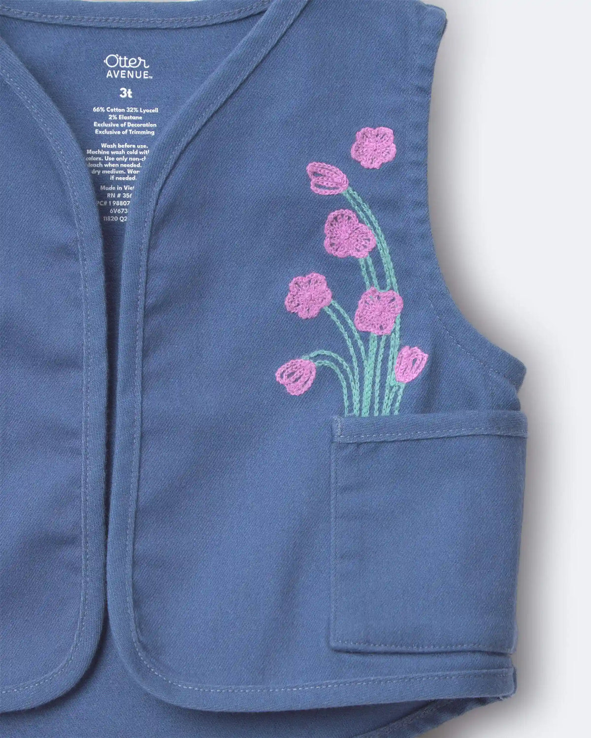 Toddler Girl Embroidered Cropped Vest with Otter Pockets - Slate Blue