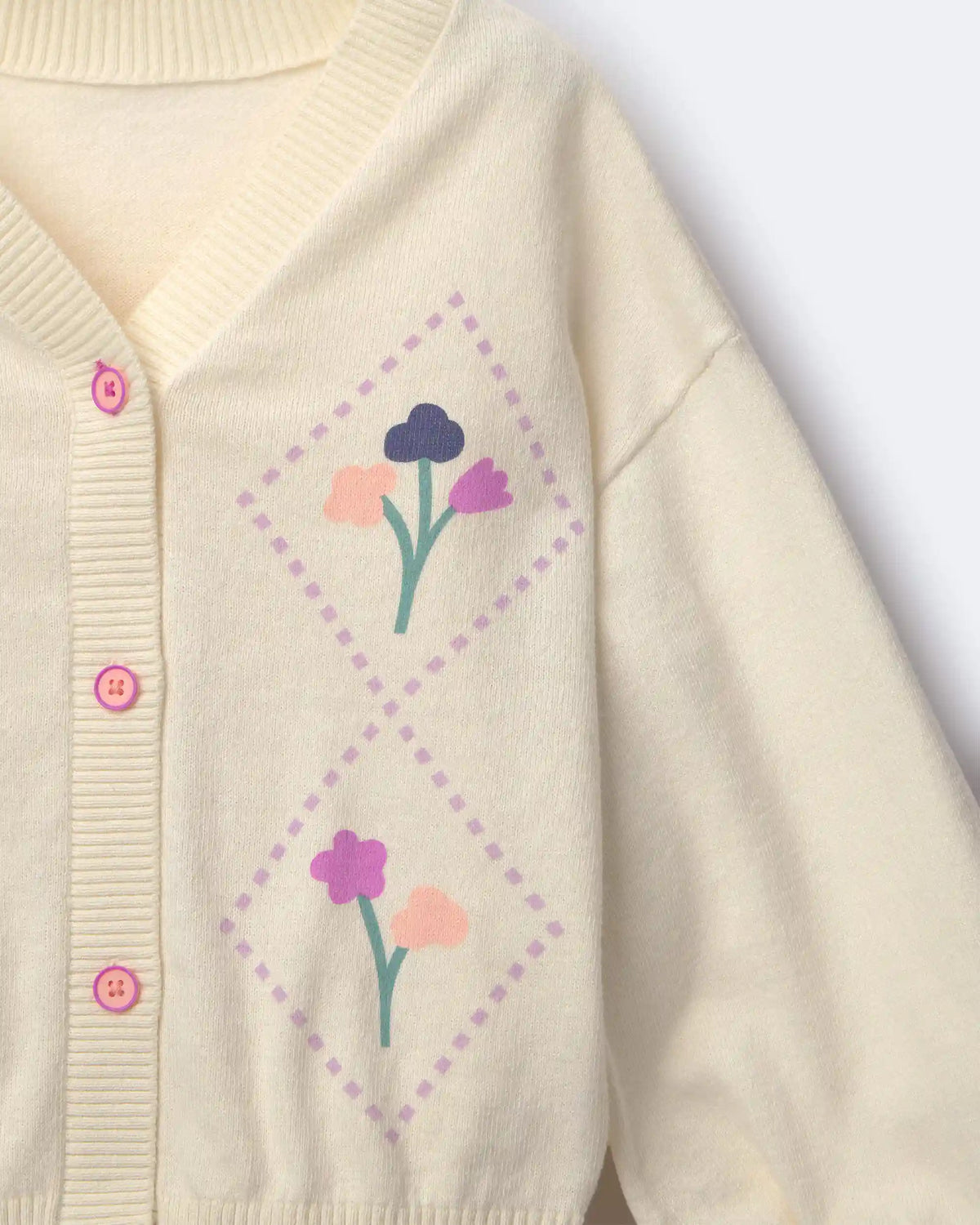 Toddler Girl Cardigan Sweater with Flowers - Cream