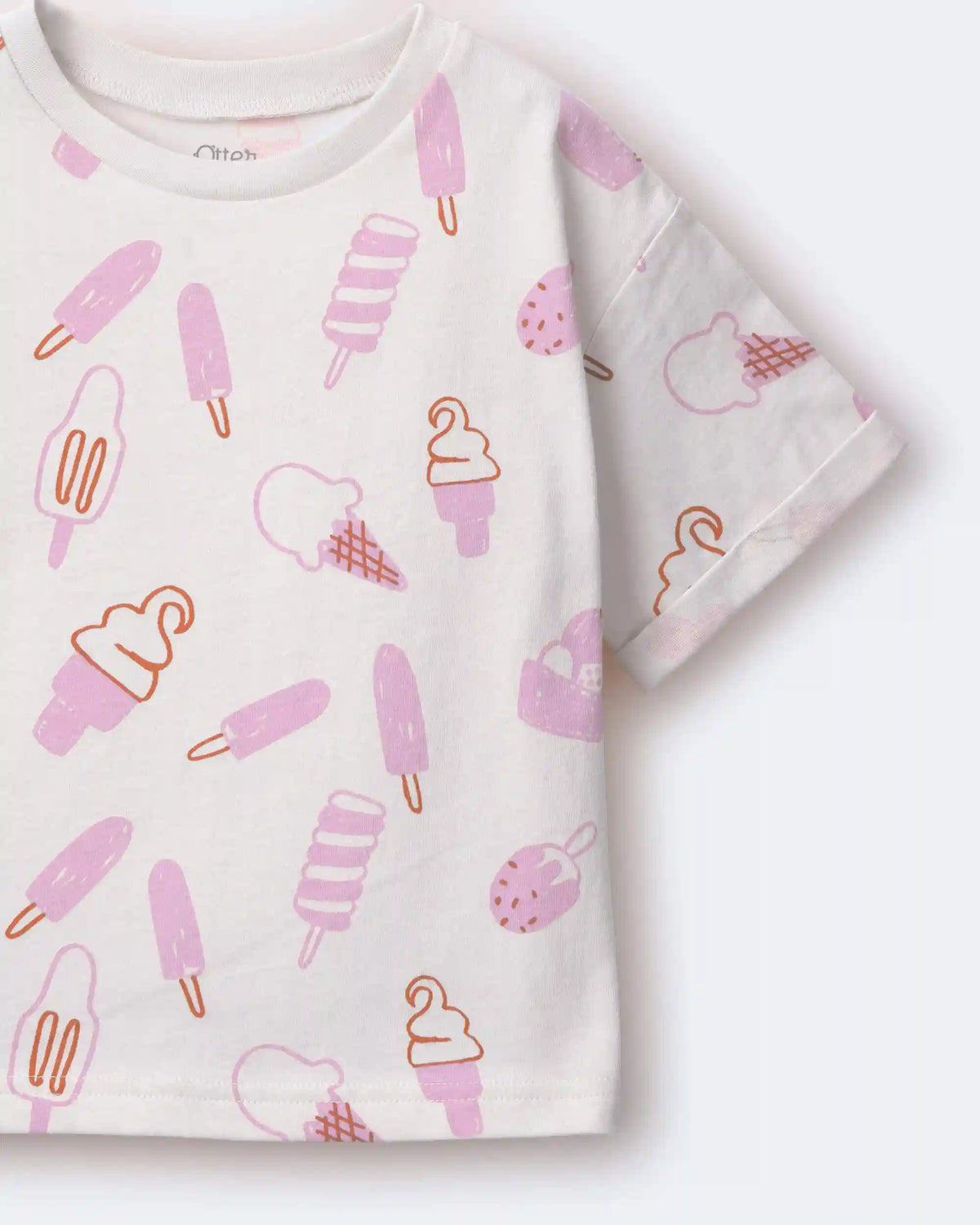 Toddler Girl Rolled Cuff Tee in Ice Cream Print - Cream
