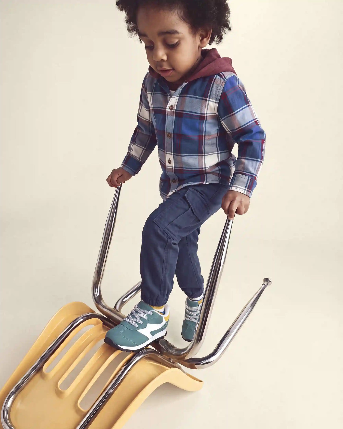 Toddler Boy Plaid Long-Sleeve Button-Down Hooded Shirt - Blue/Burgundy