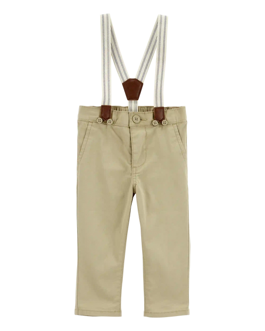 Baby Boy Twill Suspender Pants - Khaki
