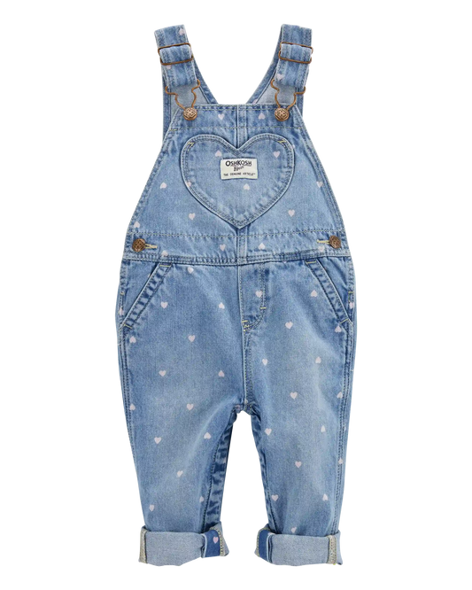 Baby Heart-Print Knit Denim Overalls - Blue