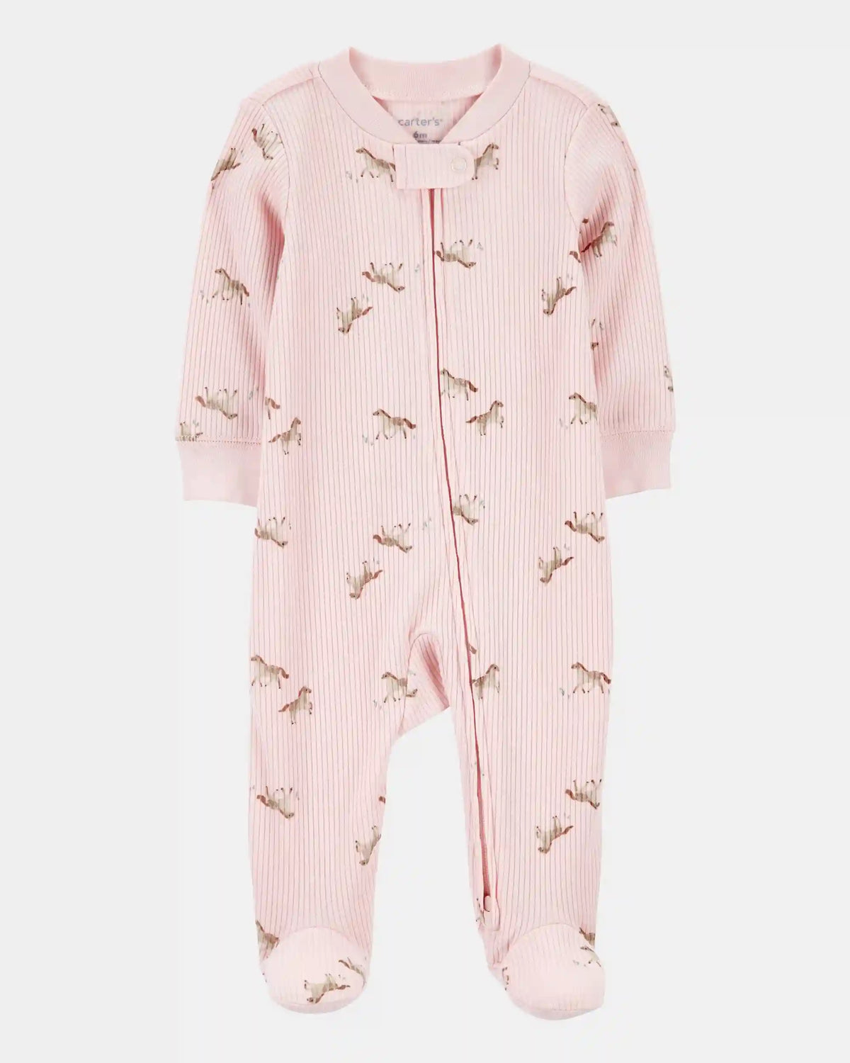 Baby Girl Horse Print 2-Way Zip Ribbed Sleep & Play Pajamas - Pink