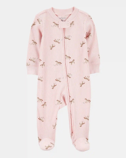 Baby Girl Horse Print 2-Way Zip Ribbed Sleep & Play Pajamas - Pink