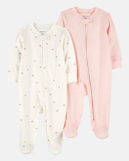 Baby Girl 2-Pack 2-Way Zip Cotton Sleep & Play Pajamas - White/Pink