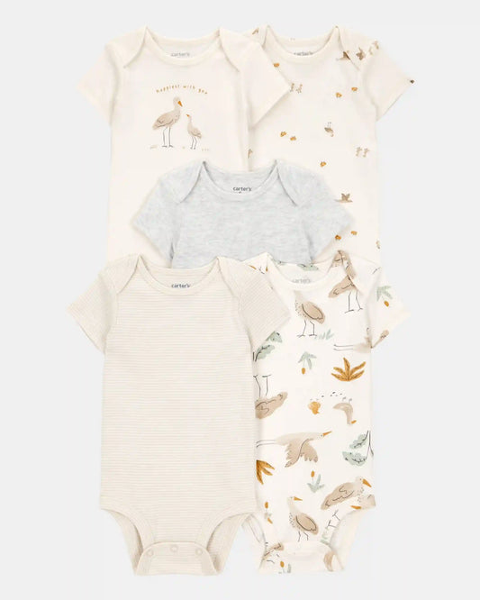 Baby 5-Pack Striped Birds Short-Sleeve Cotton Bodysuits - Ivory