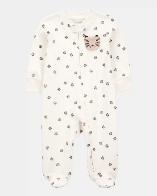 Baby Tiger Print 2-Way Zip Cotton Sleep & Play Pajamas - Ivory