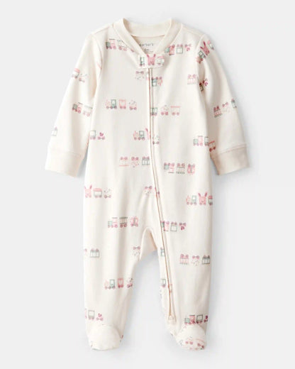 Baby Girl Train Print 100% Cotton Long-Sleeve Snug Fit Sleep & Play Pajamas - Cream