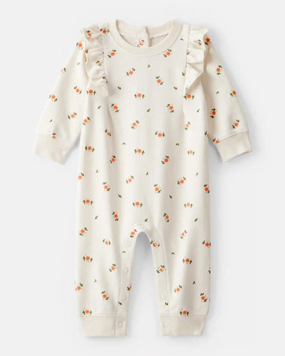 Baby Girl Floral Ruffle Cotton Long-Sleeve Jumpsuit - Cream