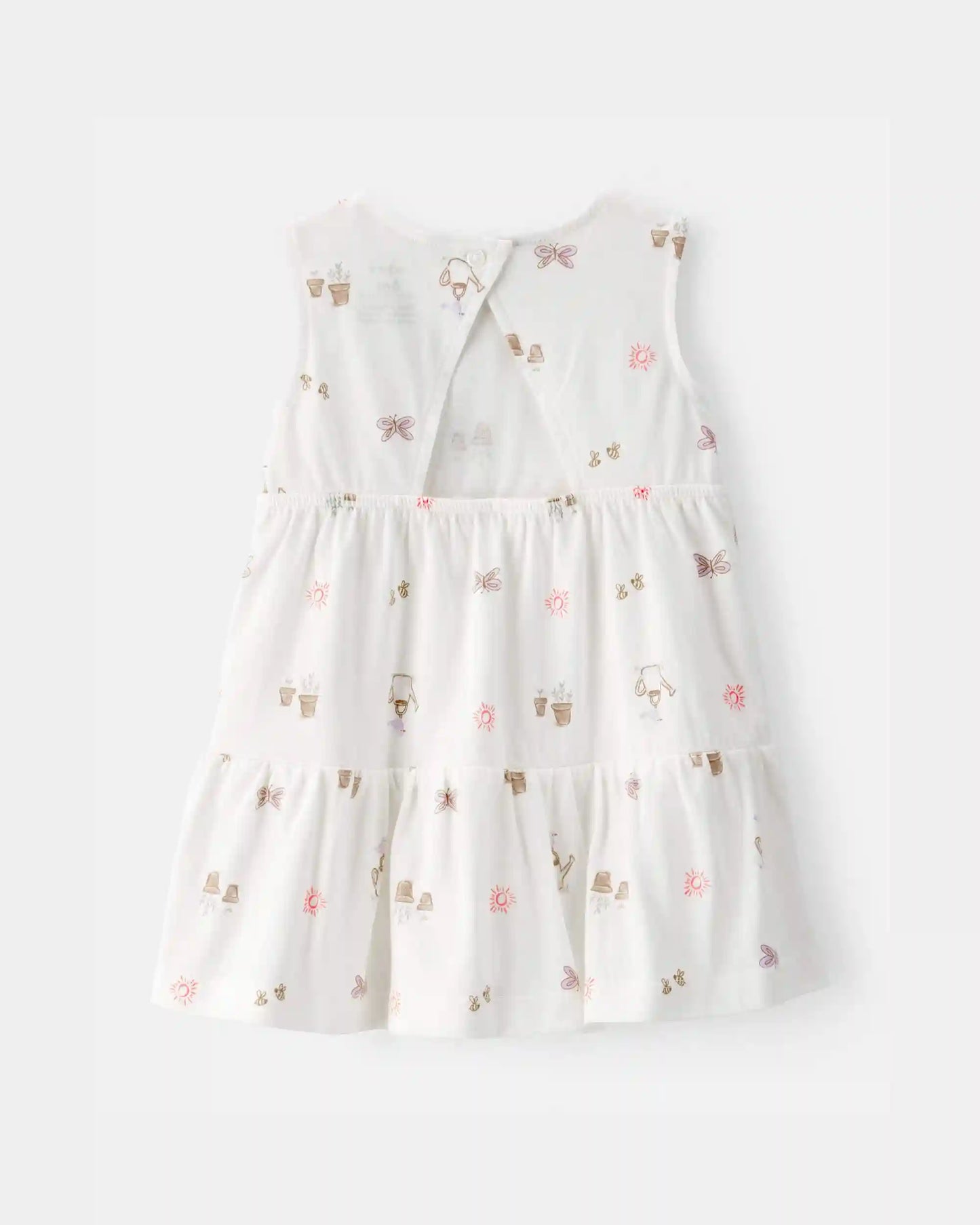 Baby Girl Gardening Print Sleeveless Dress - White