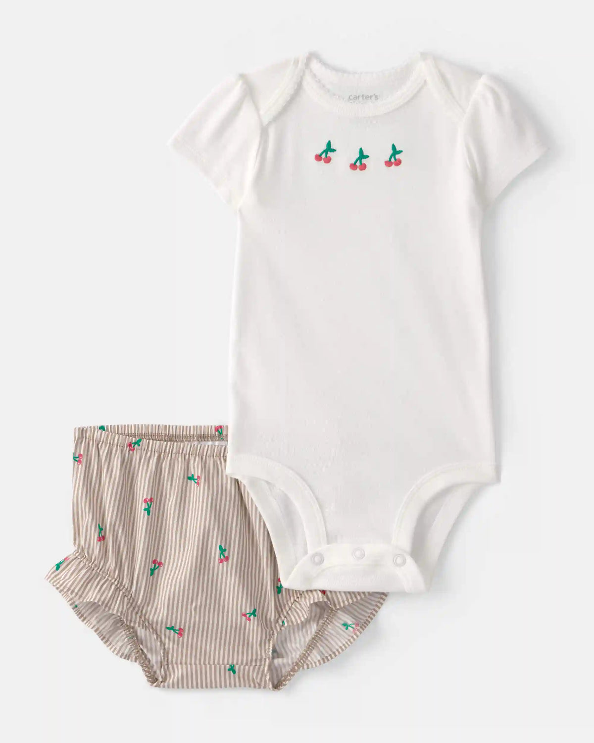 Baby Girl 3-Piece Cherry Striped Outfit Set - Beige/White