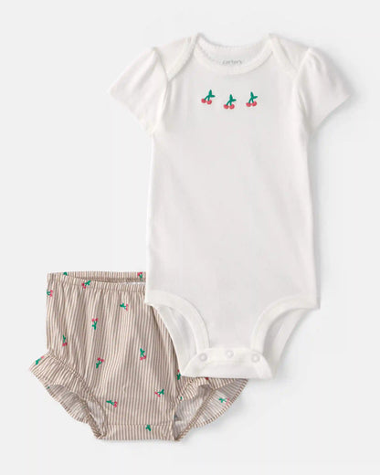 Baby Girl 3-Piece Cherry Striped Outfit Set - Beige/White