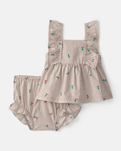 Baby Girl 3-Piece Cherry Striped Outfit Set - Beige/White