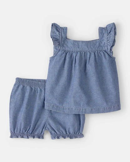 Baby Girl 3-Piece Chambray Outfit Set - Blue/Pink