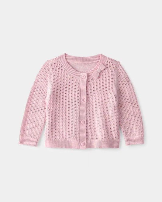 Baby Girl Bow Pointelle Button-Up Cardigan Sweater - Pink