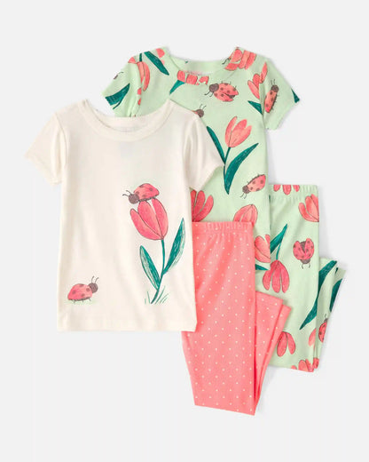Baby Girl Ladybug Floral 100% Cotton Snug Fit 4-Piece Pajama Set - Pink/Green