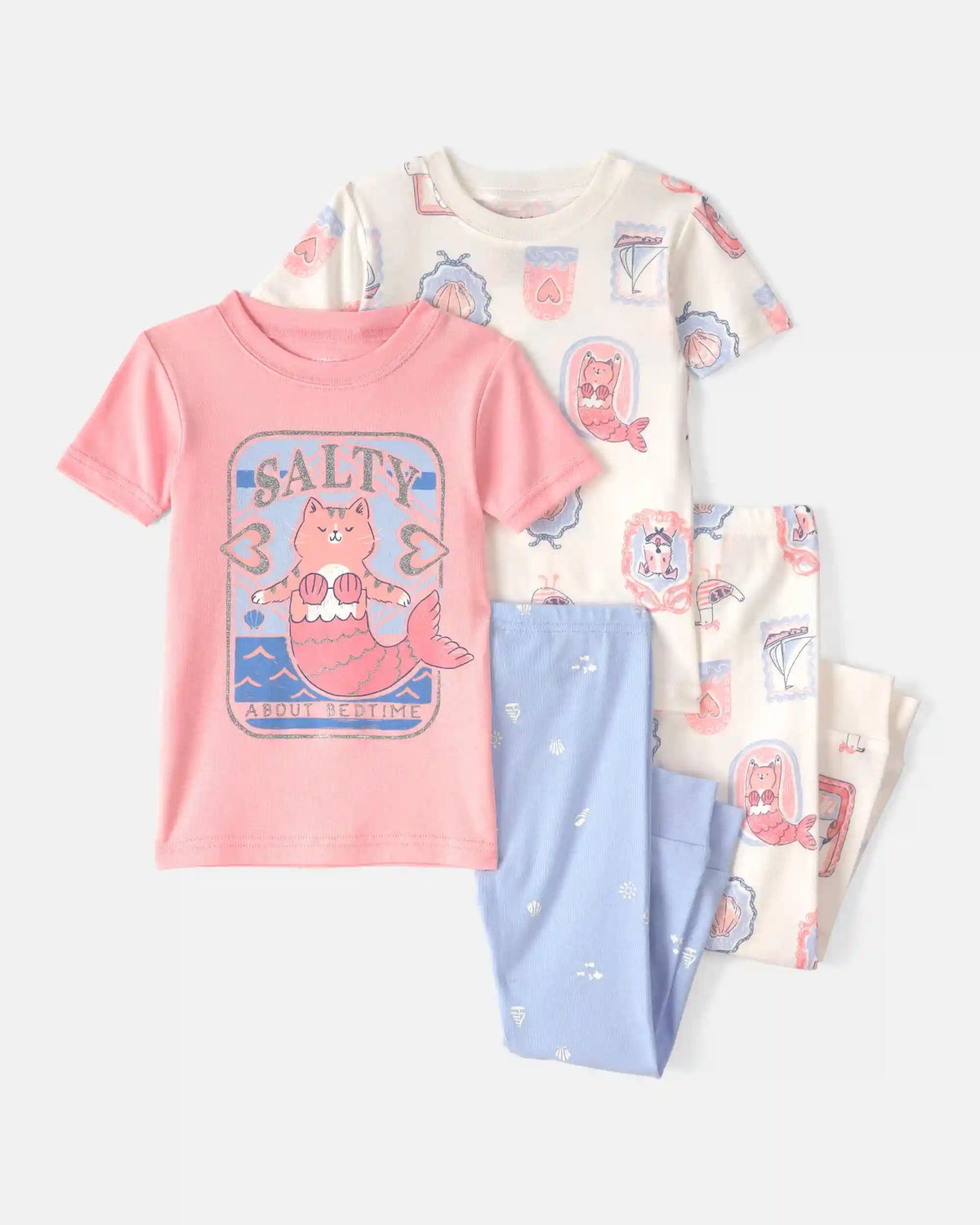 Baby Girl Mermaid Cat 100% Cotton Snug Fit 4-Piece Pajama Set - Pink/Ivory