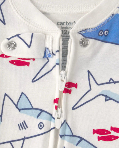 Baby Boy Shark 100% Cotton Snug Fit 1-Piece Pajama - Ivory/Blue