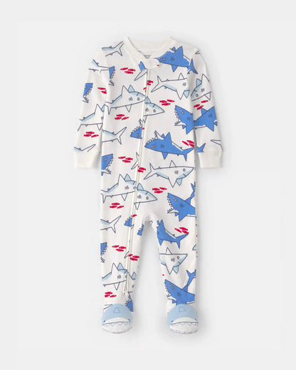 Baby Boy Shark 100% Cotton Snug Fit 1-Piece Pajama - Ivory/Blue