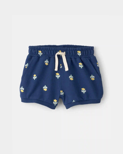 Baby Girl Floral French Terry Shorts - Navy Blue