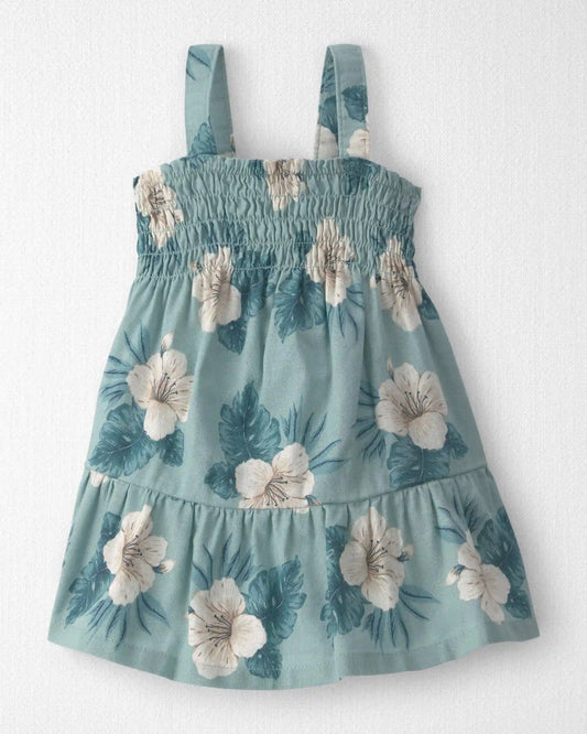 Baby Girl Smocked Linen Dress Made with Organic Cotton in Blue Hibiscus