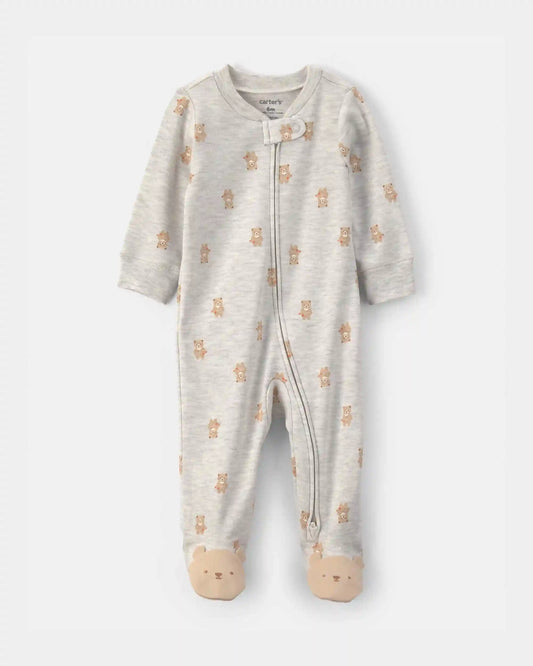 Baby Teddy Bear Cotton 2-Way Zip Sleep & Play Pajamas - Grey