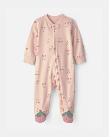 Baby Girl Strawberry 100% Cotton 2-Way Zip Sleep & Play Pajamas - Pink