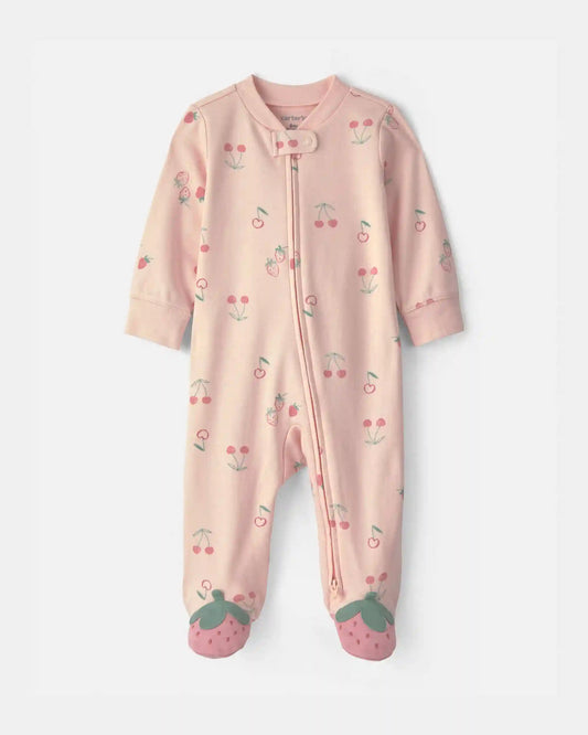 Baby Girl Strawberry 100% Cotton 2-Way Zip Sleep & Play Pajamas - Pink