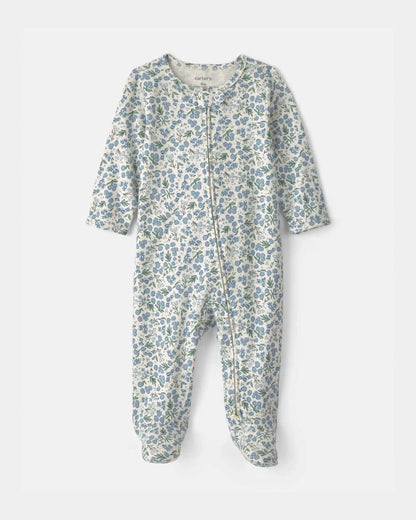 Baby Girl Floral 100% Cotton 2-Way Zip Sleep & Play Pajamas - Blue/Ivory