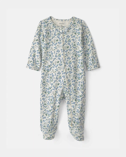 Baby Girl Floral 100% Cotton 2-Way Zip Sleep & Play Pajamas - Blue/Ivory