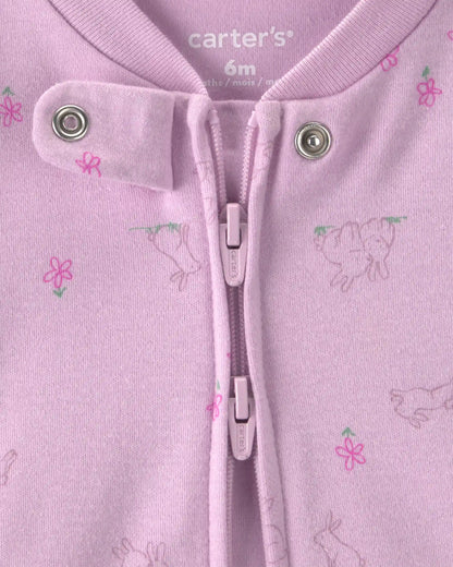 Baby Girl Bunny 100% Cotton 2-Way Zip Sleep & Play Pajamas - Purple