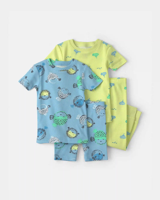 Baby Boy Pufferfish 100% Cotton 4-Piece Pajama Set - Blue/Green