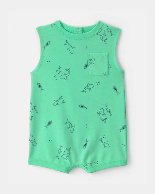 Baby Boy Shark Sleeveless Romper - Green