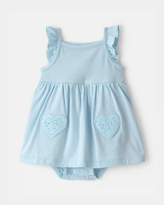 Baby Girl Heart Sleeveless Bodysuit Dress - Blue