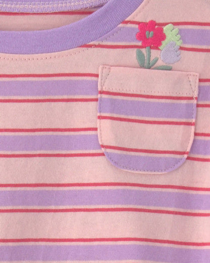 Baby Girl Flower Striped Short-Sleeve Top - Pink/Purple