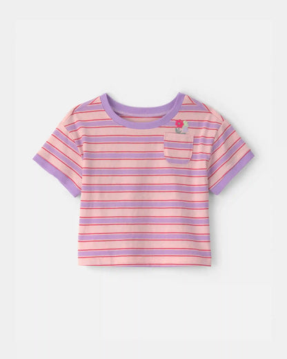 Baby Girl Flower Striped Short-Sleeve Top - Pink/Purple