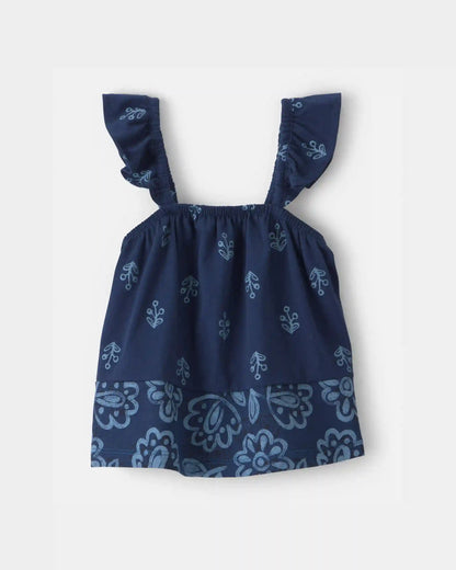 Baby Girl Floral Ruffle-Sleeve Tank Top - Navy