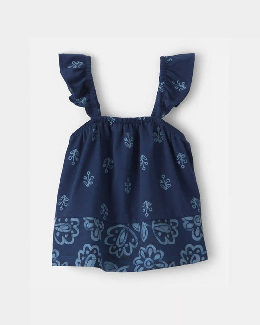 Baby Girl Floral Ruffle-Sleeve Tank Top - Navy