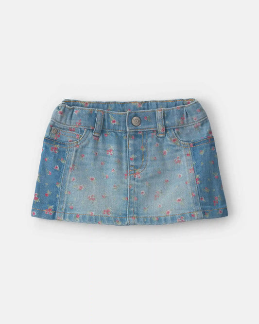 Baby Girl Floral Denim Skirt - Light Wash